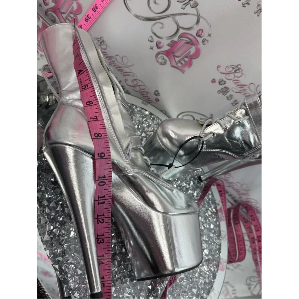 Pleaser boots high heels buckle Metallic Silver Lace-Up Platform Ankle Boots